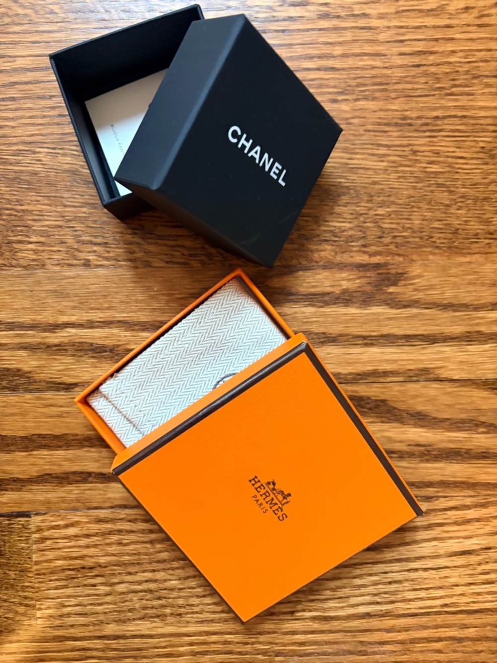 Hermes Orange Jewelry Box with Gray Cloth Insert and Chanel small box